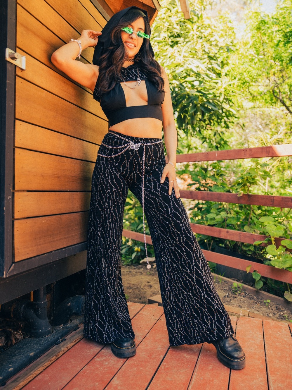 Black Sparkle Wide-Leg Pants and Hooded Shrug Set